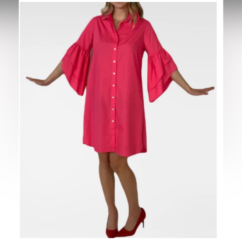 $325 NWOT Minan NYC Peony Tiered Sleeve Shirt Dress in vibrant pink M